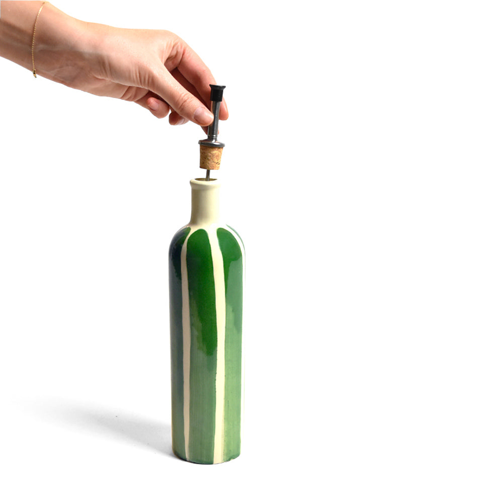 Lot De 2 Flacons Distributeurs Huile/Vinaigre Céramique 700ml - Peints à La Main Avec Bec Inox - Huilier Décoratif