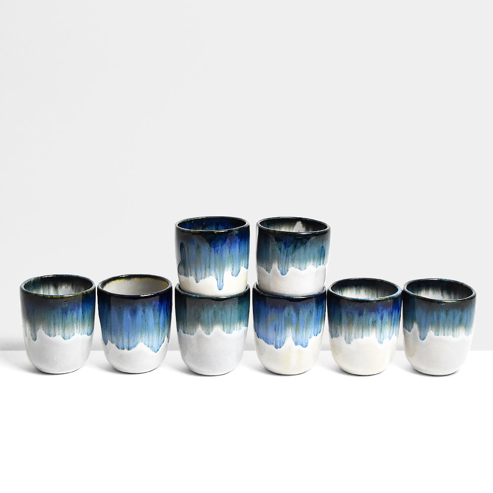 Lot 2 Mini Tasses Expresso 70ml Céramique + Anse Bois - Tasses Café Design Réactif Bleu/Noir Artisanales Pour Espresso Thé Latte