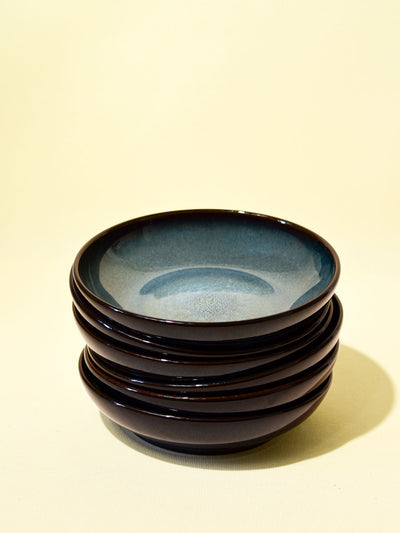 Assiette creuse en céramique émail bleu brume Céladon, set de 6