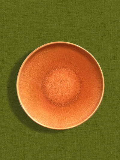 Assiette creuse en céramique émail terracotta sienna Céladon, sur fond coloré