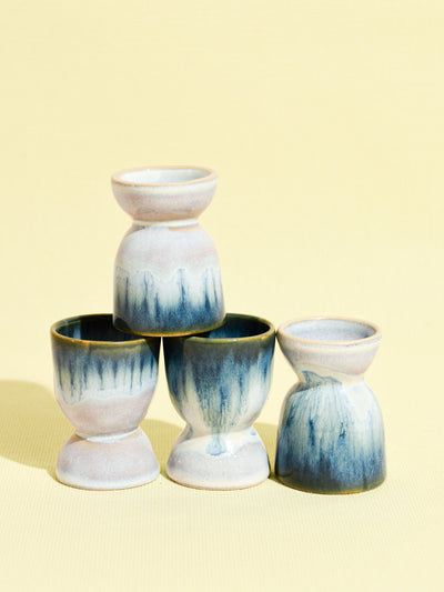 Coquetier en céramique émail bleu mer Céladon, set de 4