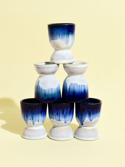 Coquetier en céramique émail bleu roi Céladon, set de 6