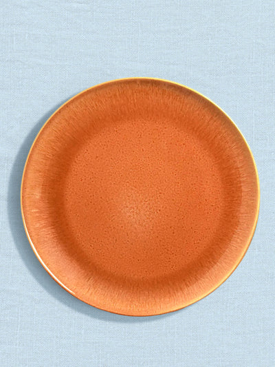 Grande assiette en céramique émail terracotta sienna Céladon, sur fond coloré