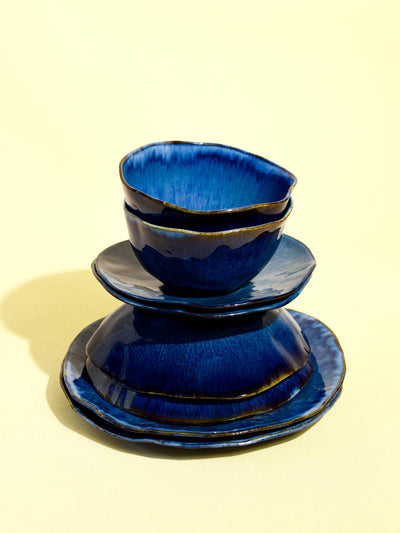 Service de vaisselle Onda pour 2 en céramique émail bleu abyssal Céladon